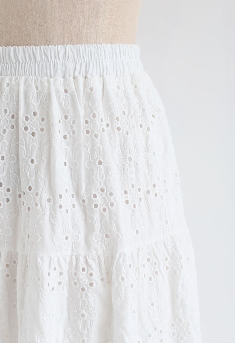 Eyelet Embroidered Midi Skirt in White