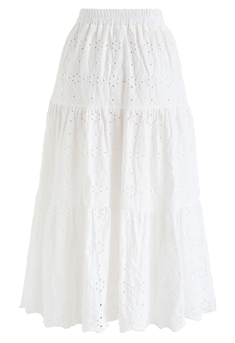 Eyelet Embroidered Midi Skirt in White
