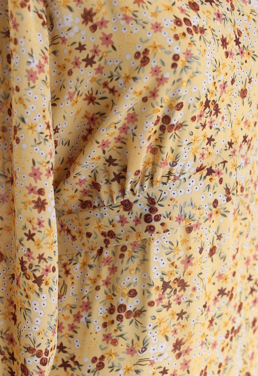 Floret V-Neck Frilling Chiffon Dress in Yellow