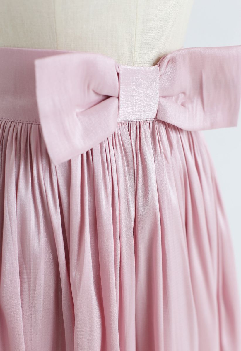 Bowknot Waist Pleated Midi Skirt in Pink