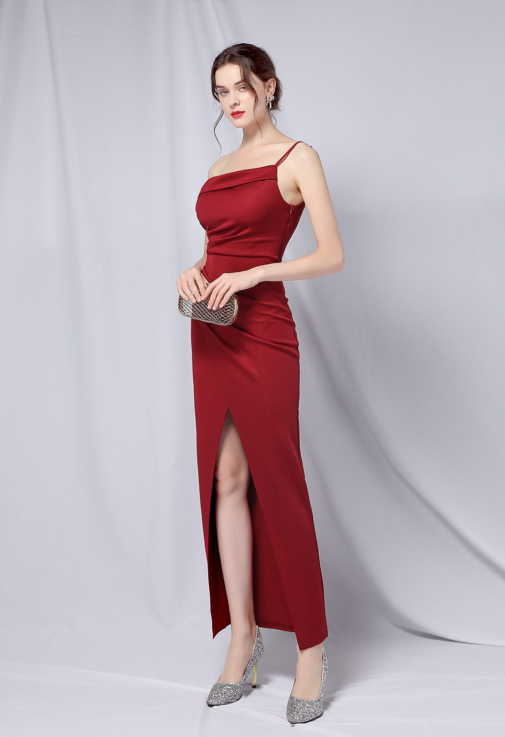 Single Strap Front Slit Gown in Burgundy