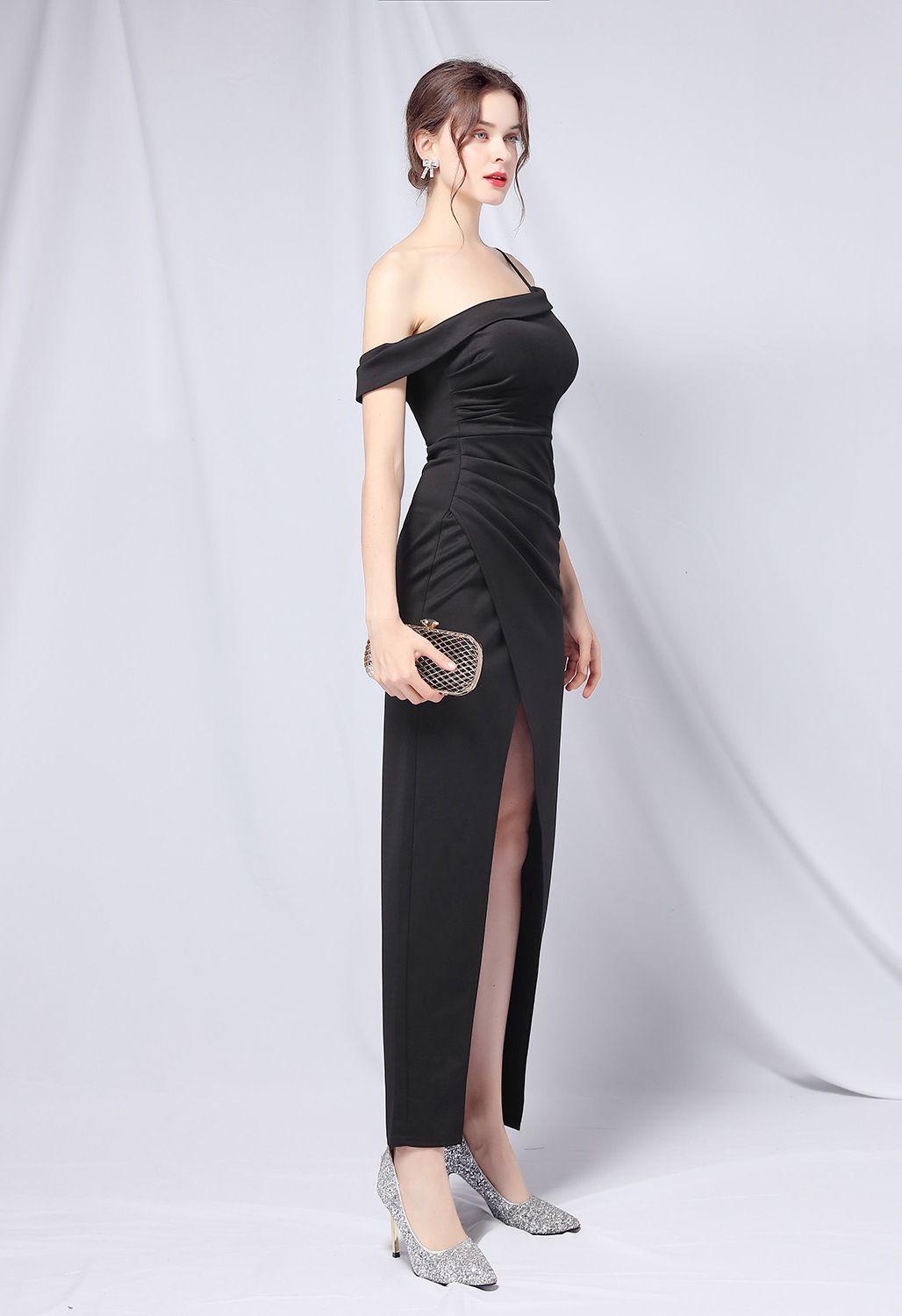 Single Strap Front Slit Gown in Black