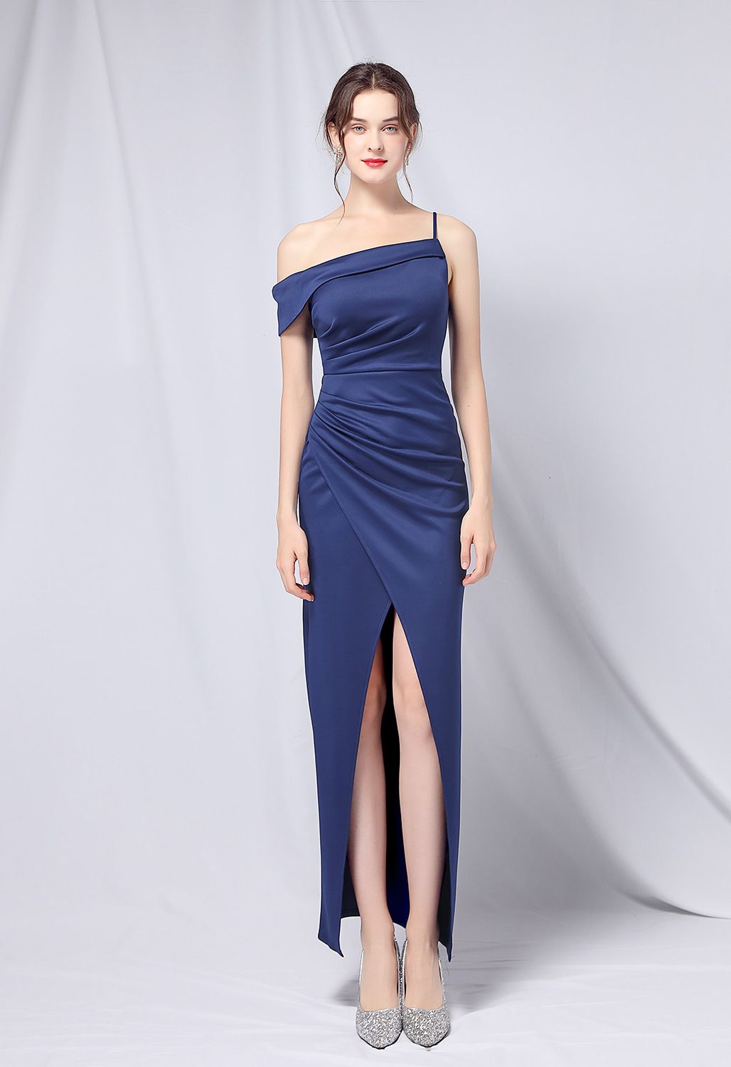 Single Strap Front Slit Gown in Navy