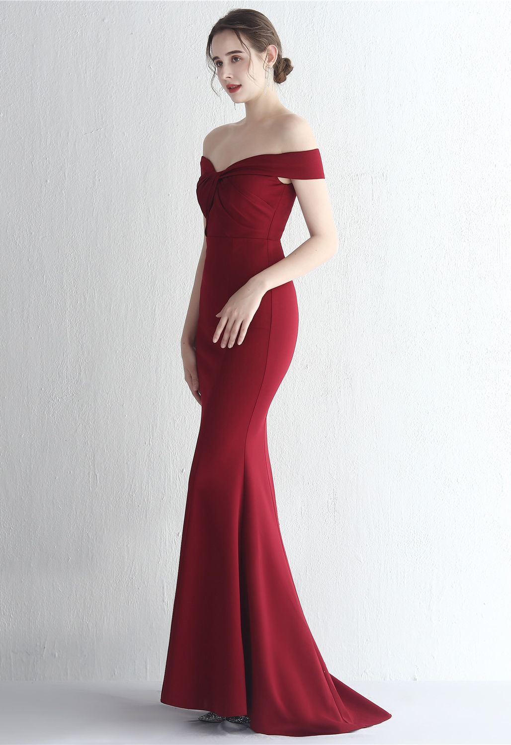 Twist Front Off-Shoulder Gown in Burgundy