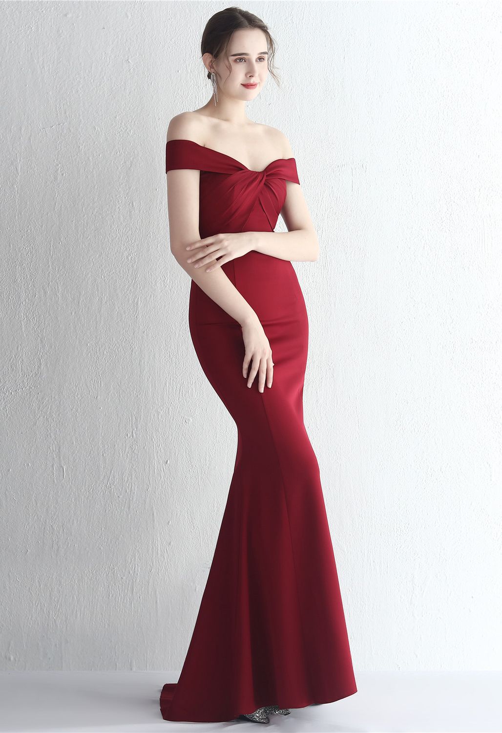 Twist Front Off-Shoulder Gown in Burgundy