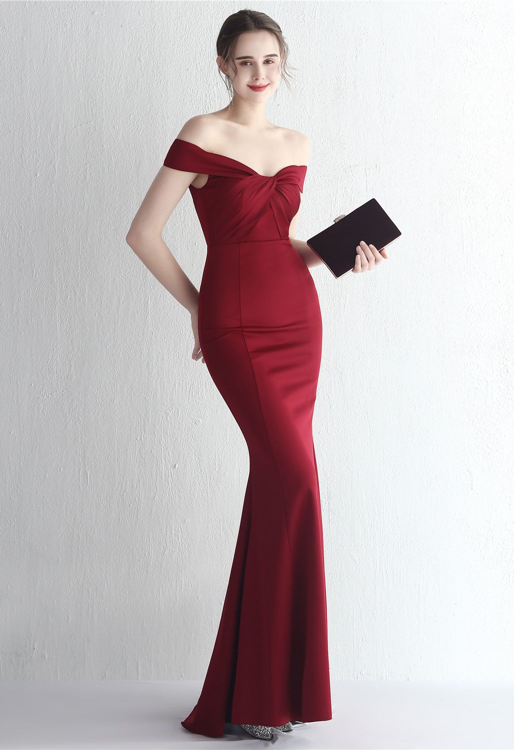 Twist Front Off-Shoulder Gown in Burgundy