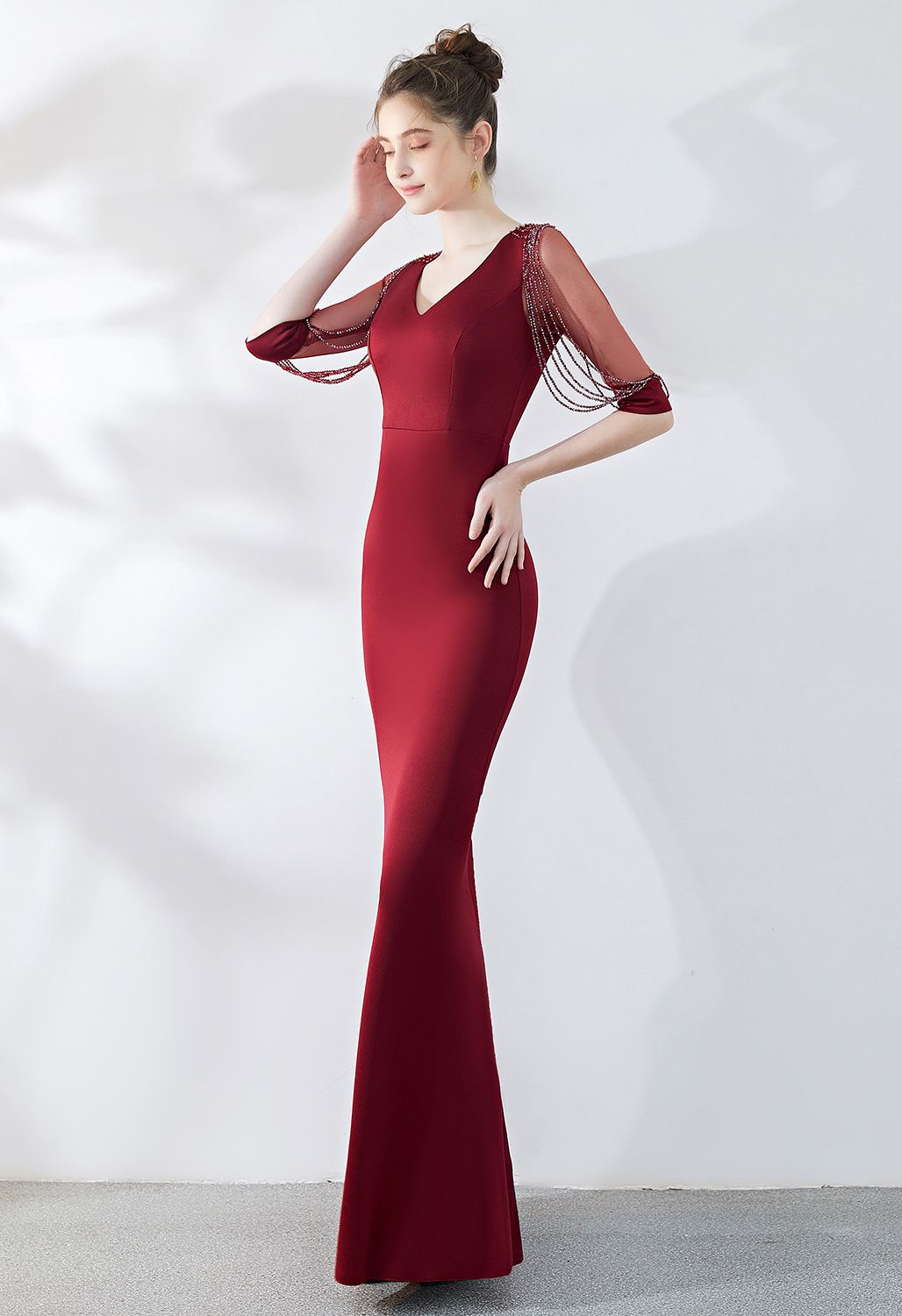 Draped Bead Mesh Sleeve Gown in Burgundy