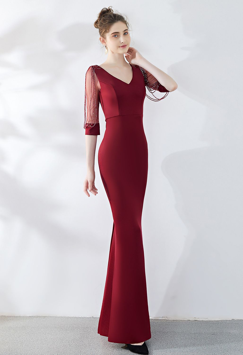 Draped Bead Mesh Sleeve Gown in Burgundy