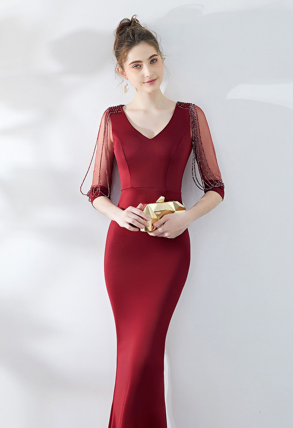 Draped Bead Mesh Sleeve Gown in Burgundy