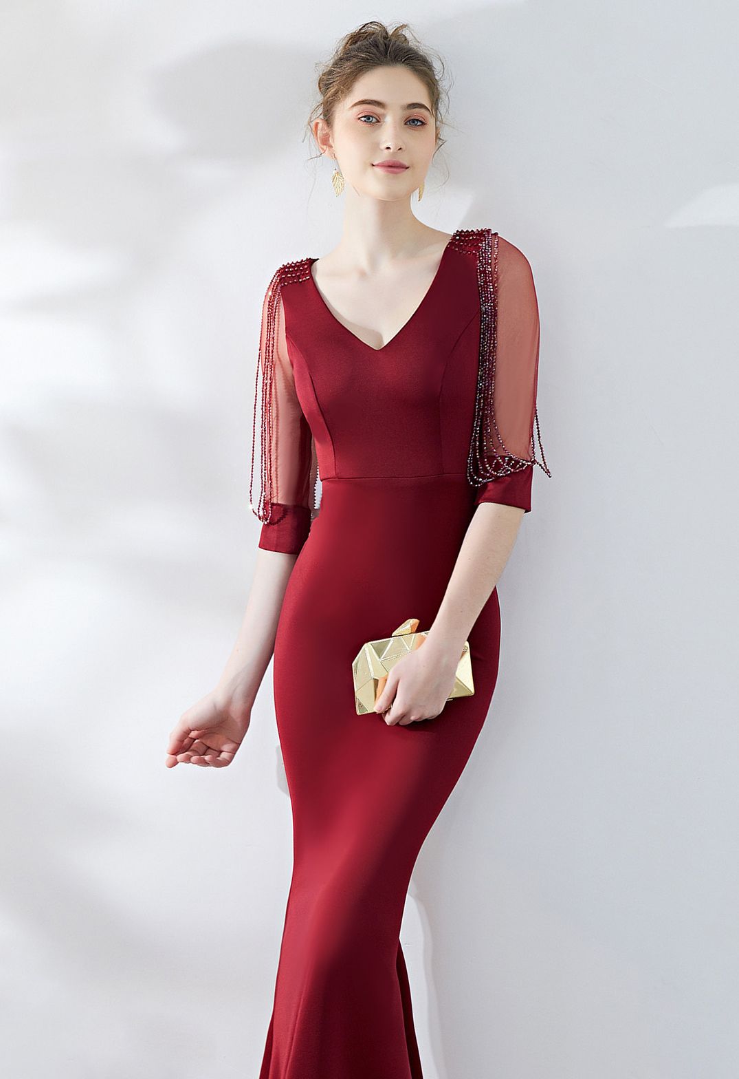 Draped Bead Mesh Sleeve Gown in Burgundy