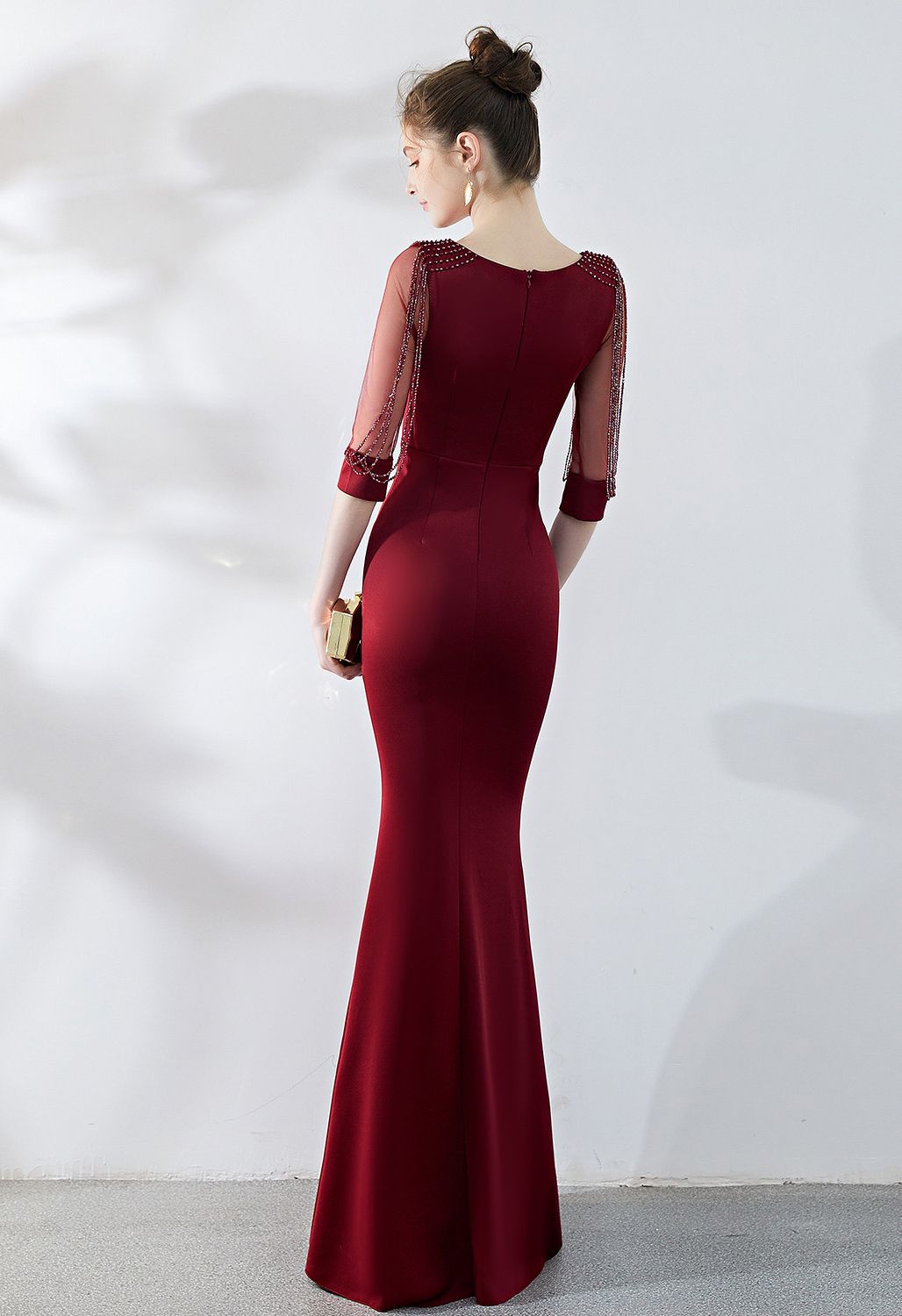 Draped Bead Mesh Sleeve Gown in Burgundy