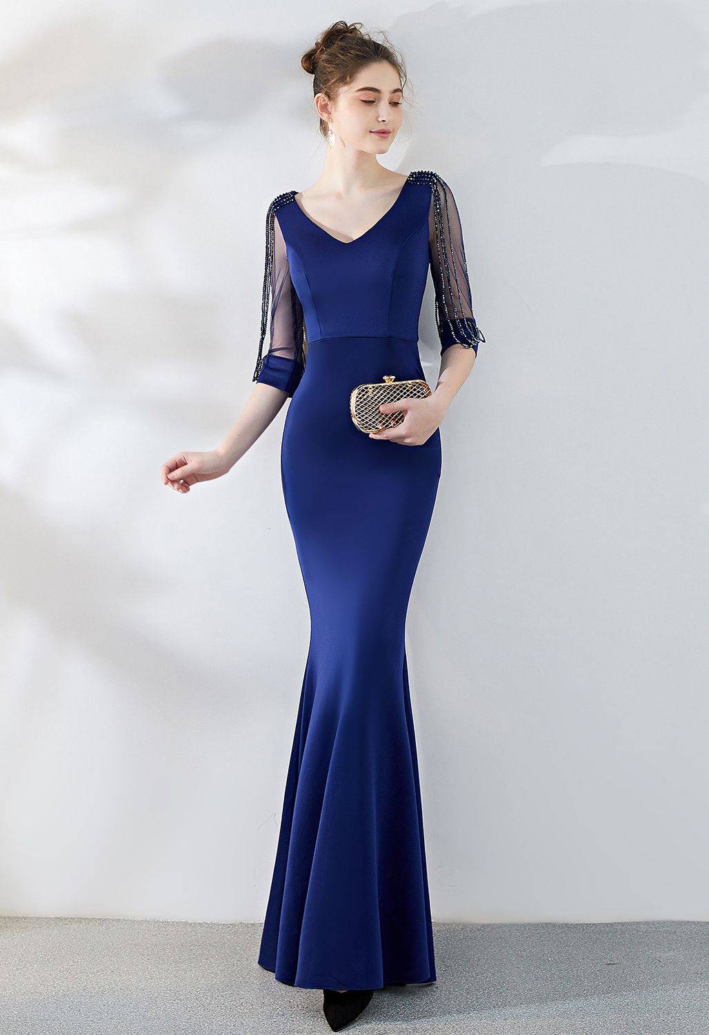 Draped Bead Mesh Sleeve Gown in Navy