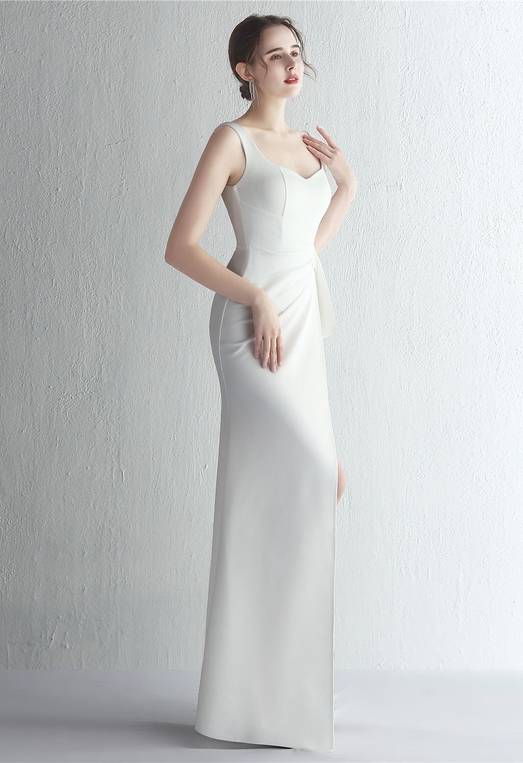 Ruched Waist High Slit Gown in White