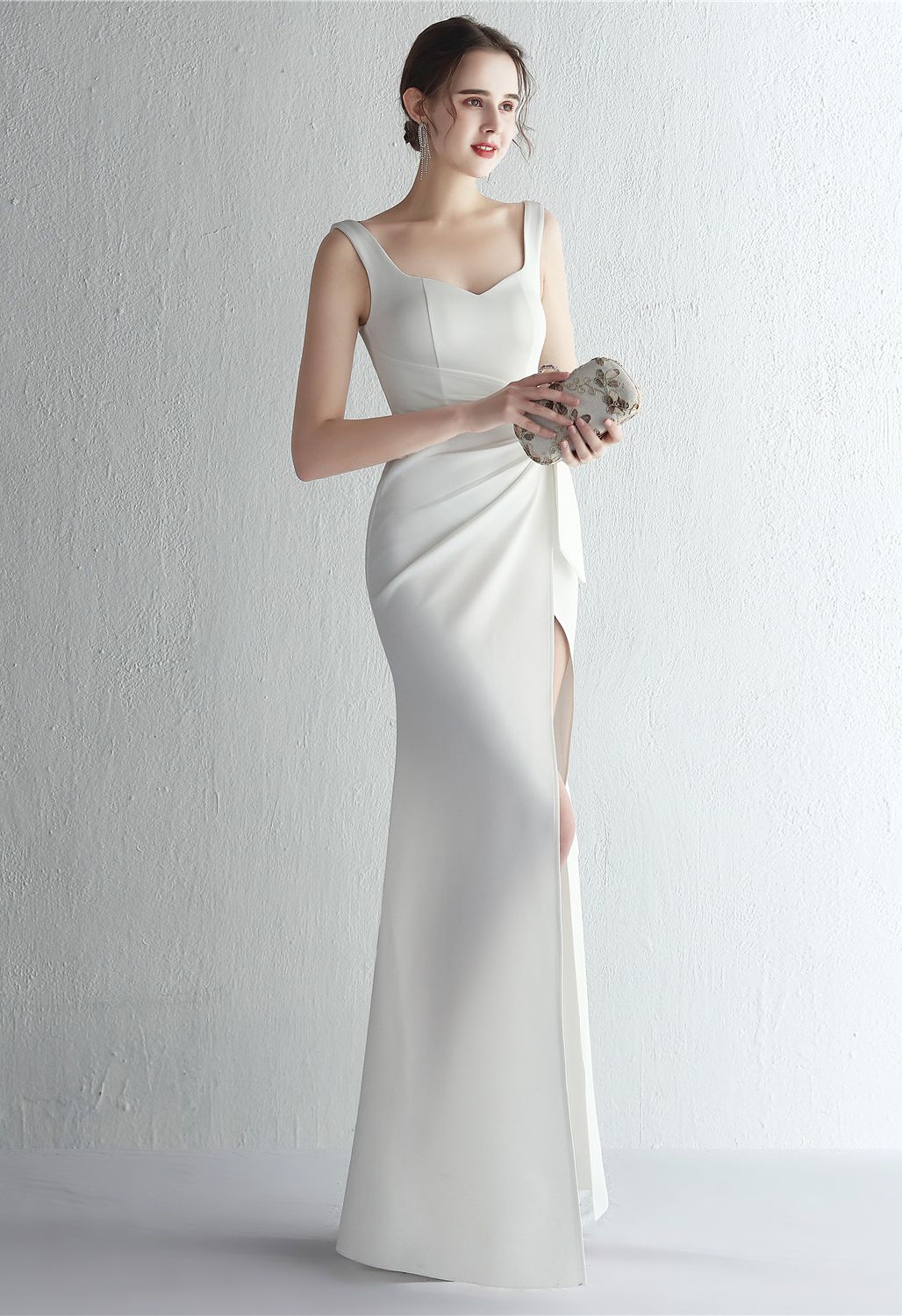 Ruched Waist High Slit Gown in White