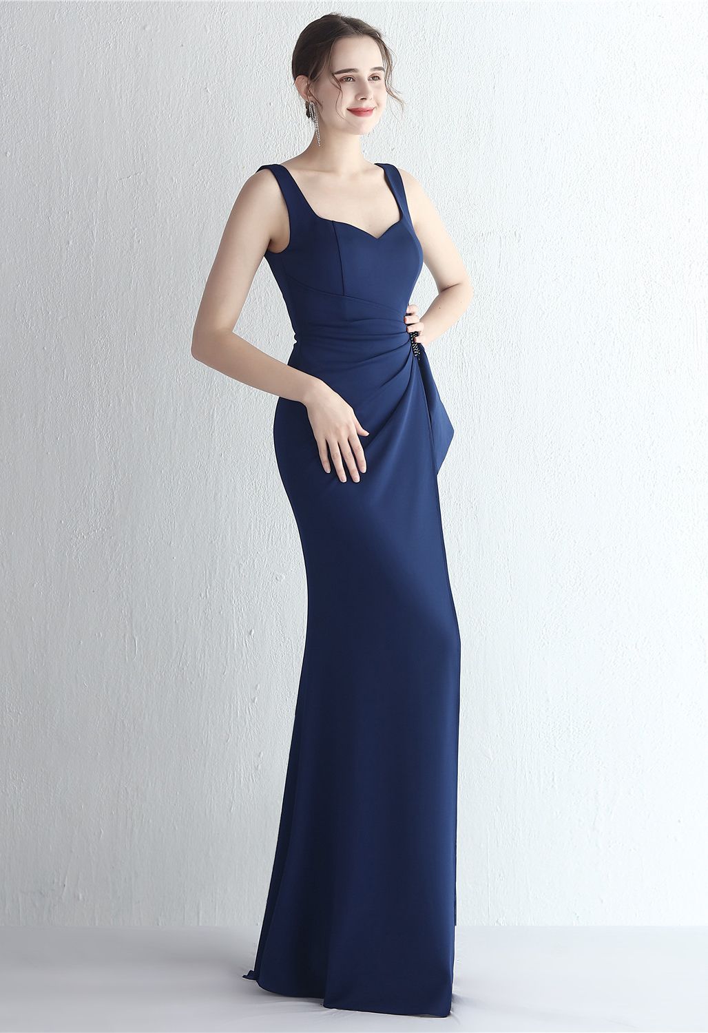 Ruched Waist High Slit Gown in Navy