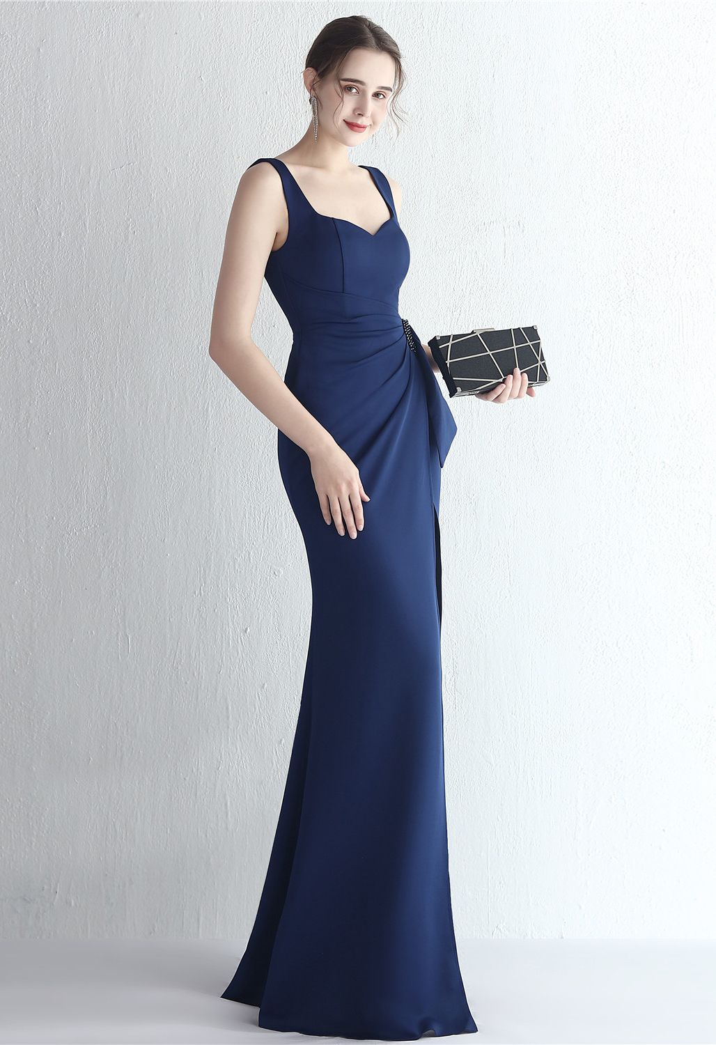 Ruched Waist High Slit Gown in Navy