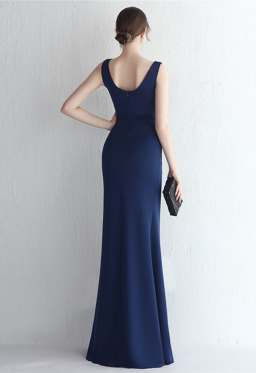 Ruched Waist High Slit Gown in Navy