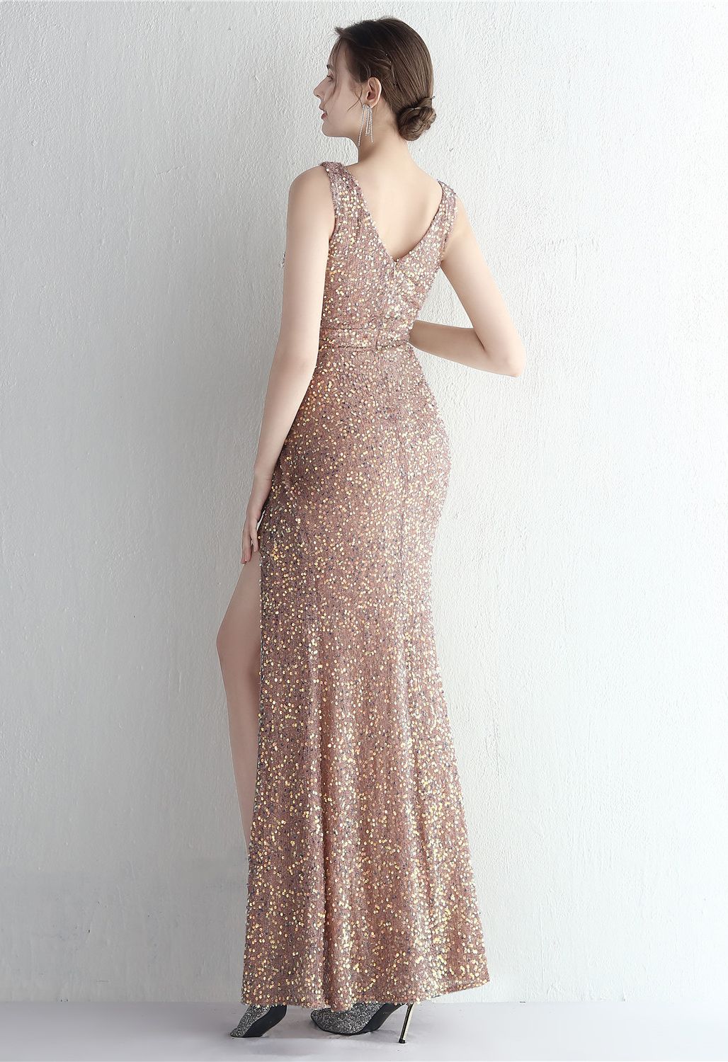 Glittering Sequin V-Neck Slit Gown in Rose Gold