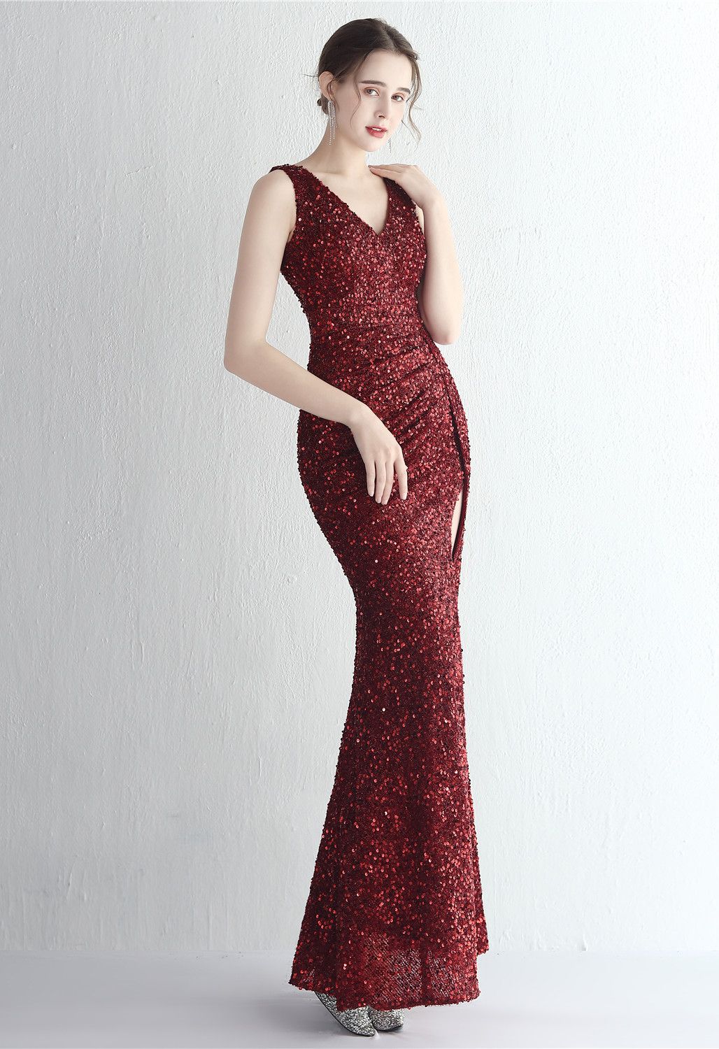 Glittering Sequin V-Neck Slit Gown in Burgundy