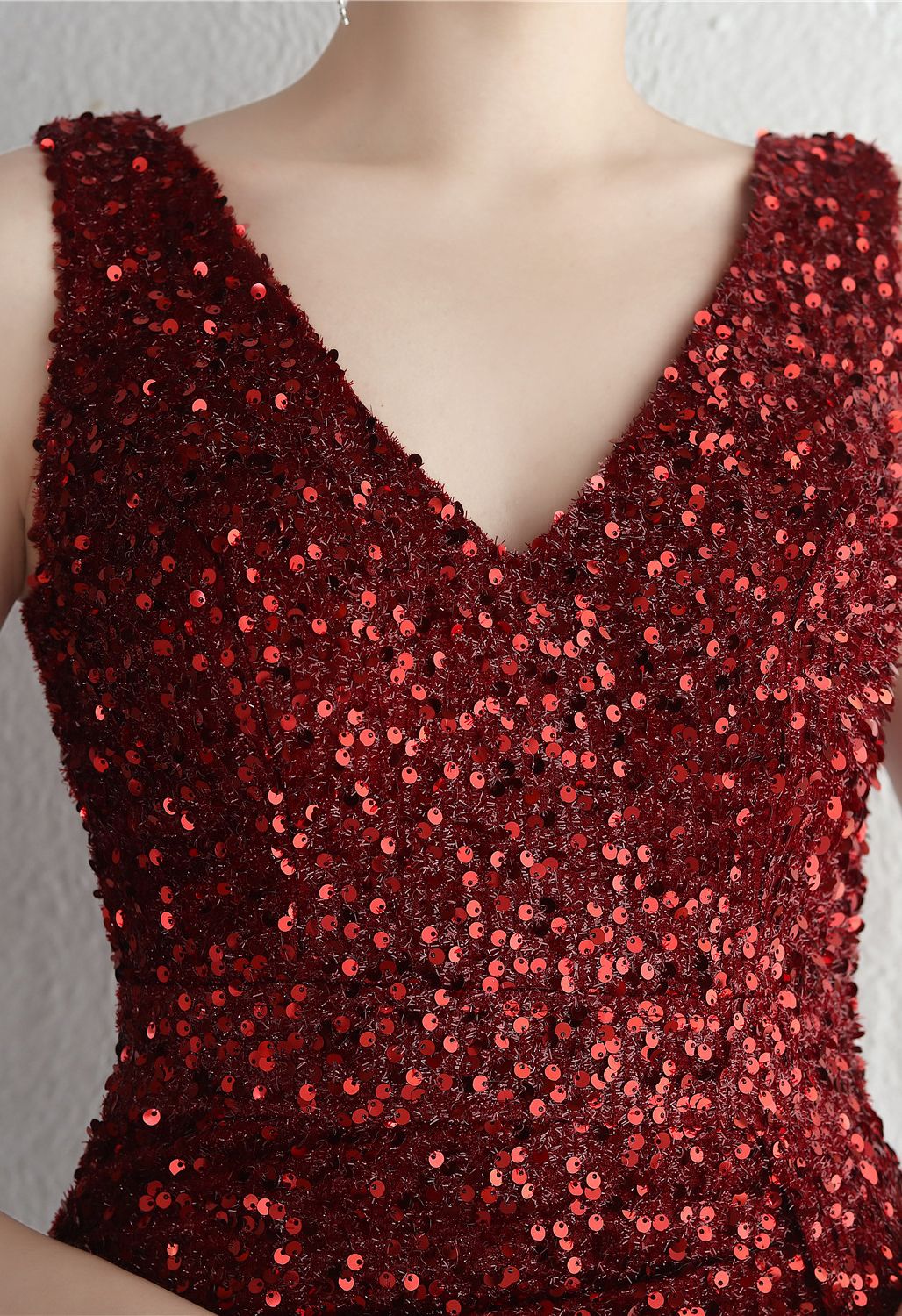 Glittering Sequin V-Neck Slit Gown in Burgundy