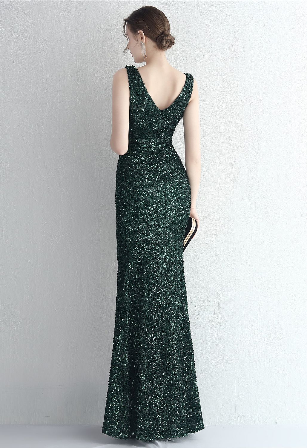 Glittering Sequin V-Neck Slit Gown in Emerald