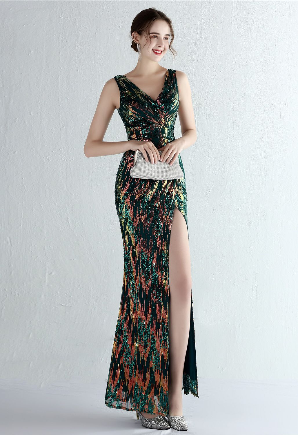 Multi-Color Sequins V-Neck High Slit Gown in Emerald