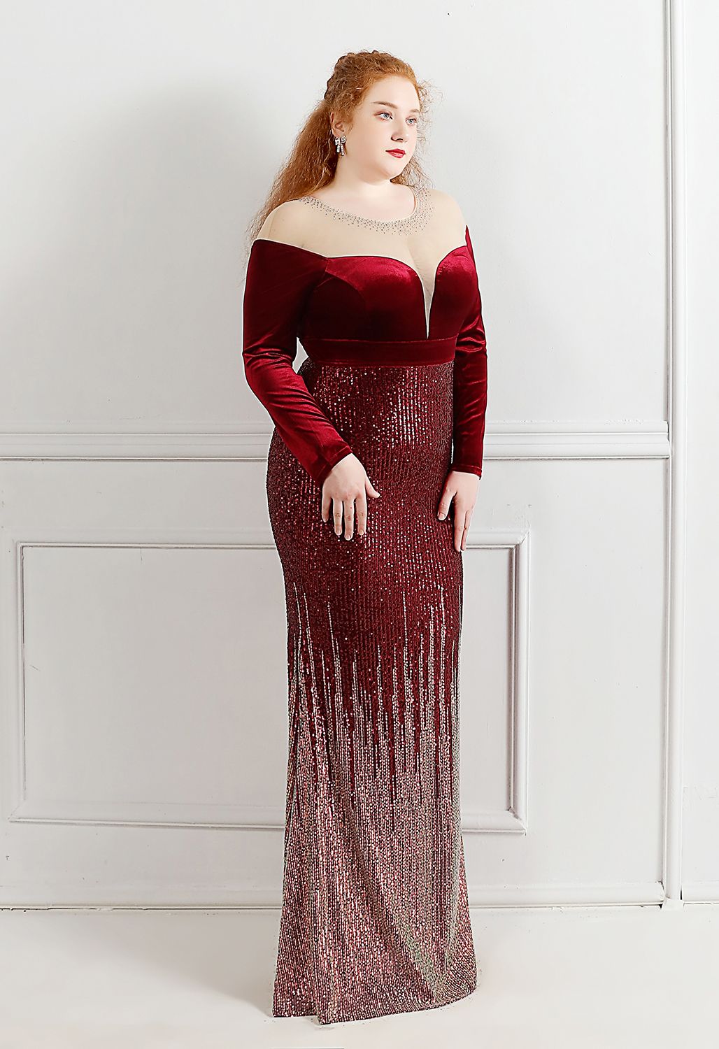 Ombre Sequins Velvet Spliced Gown in Burgundy