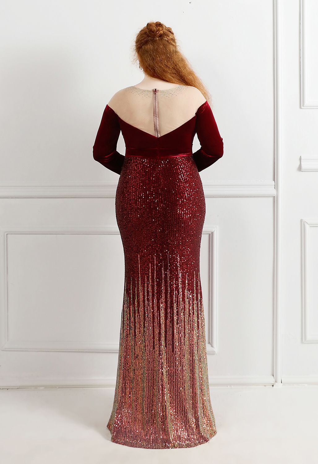 Ombre Sequins Velvet Spliced Gown in Burgundy