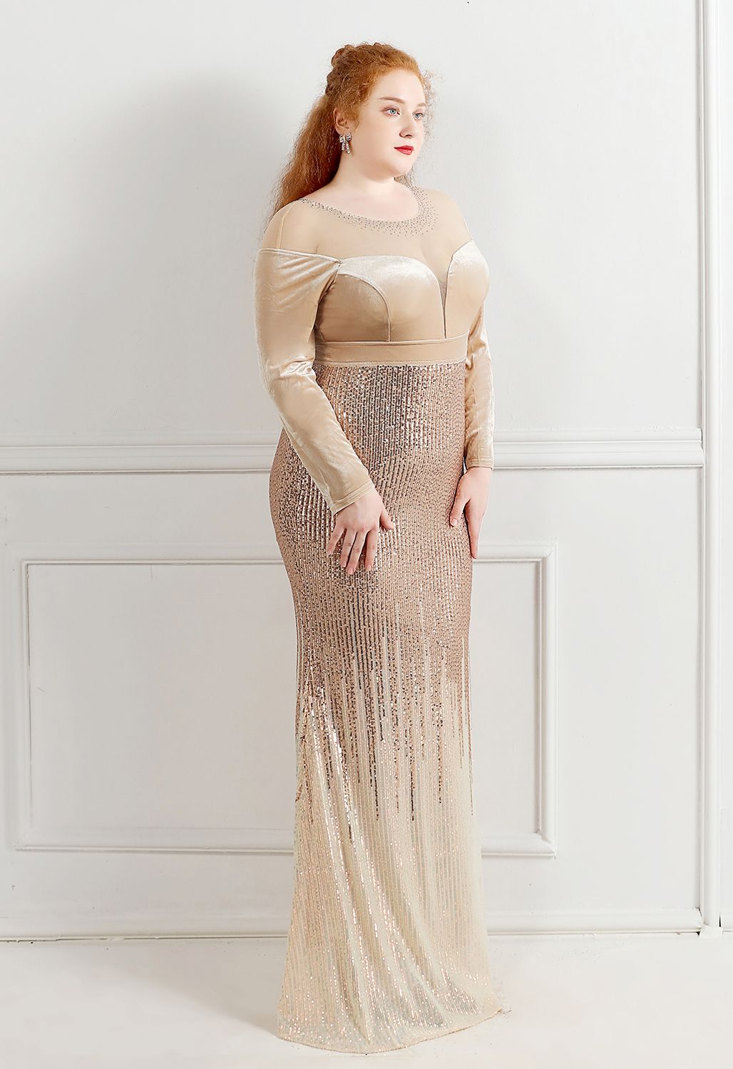 Ombre Sequins Velvet Spliced Gown in Champagne