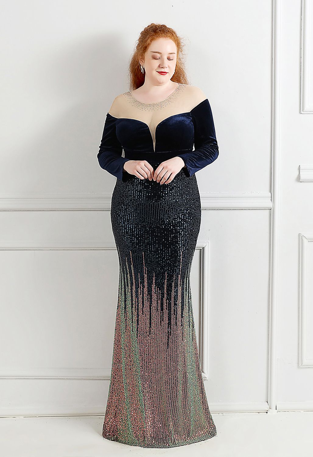 Ombre Sequins Velvet Spliced Gown in Navy