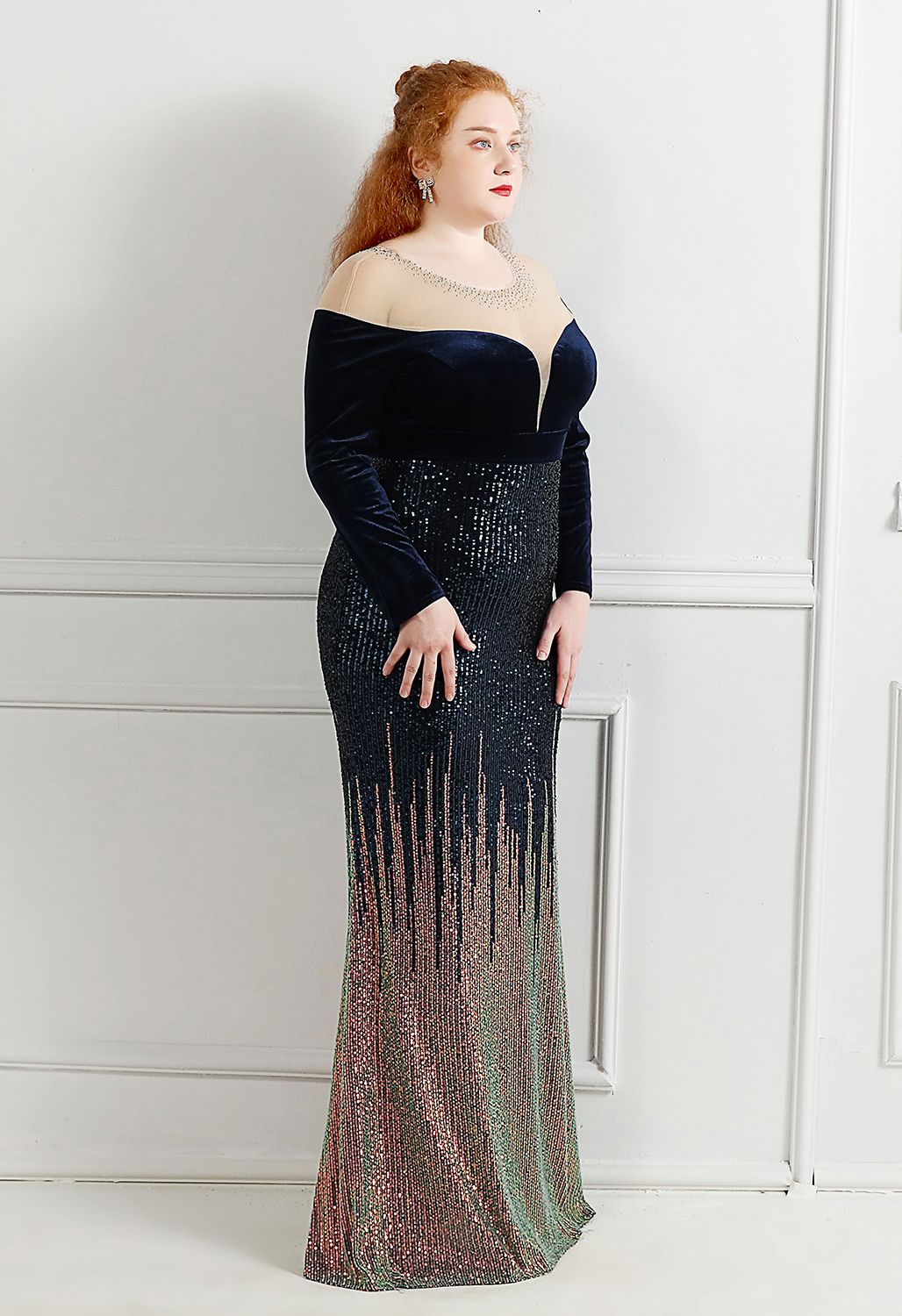 Ombre Sequins Velvet Spliced Gown in Navy