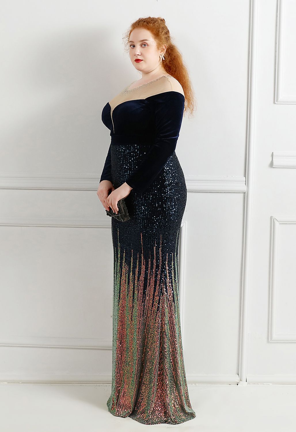 Ombre Sequins Velvet Spliced Gown in Navy