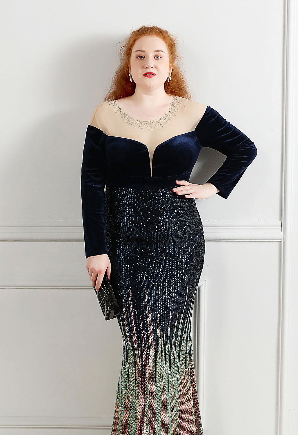 Ombre Sequins Velvet Spliced Gown in Navy