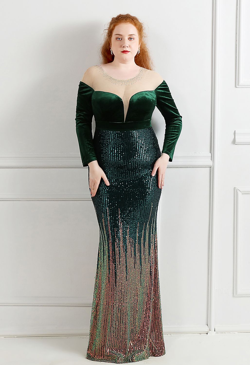 Ombre Sequins Velvet Spliced Gown in Emerald