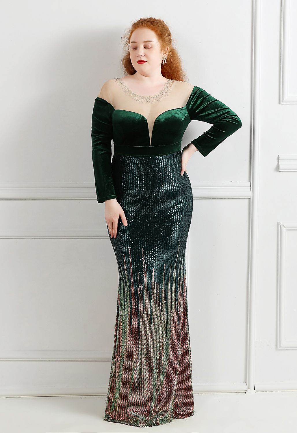 Ombre Sequins Velvet Spliced Gown in Emerald