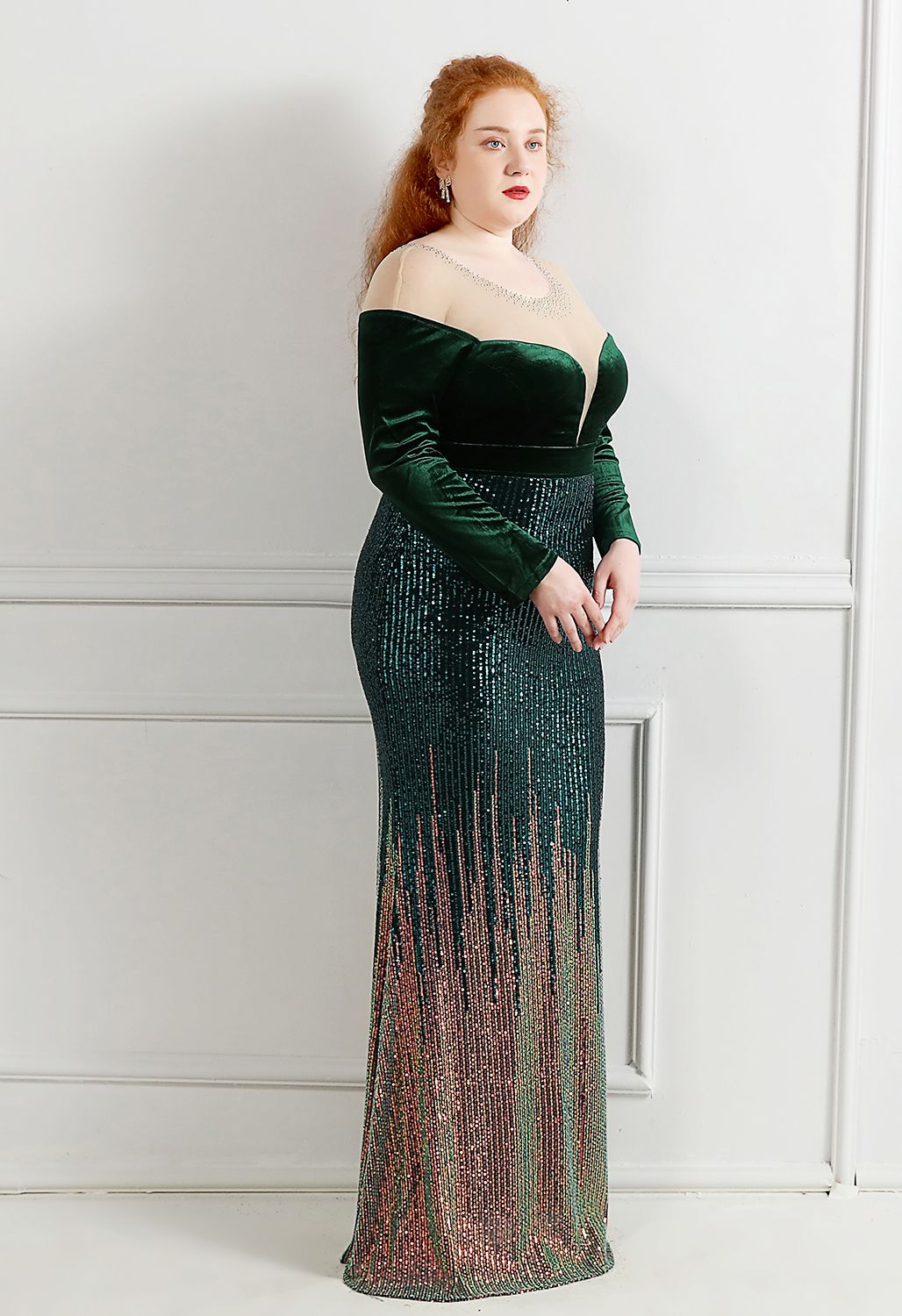 Ombre Sequins Velvet Spliced Gown in Emerald