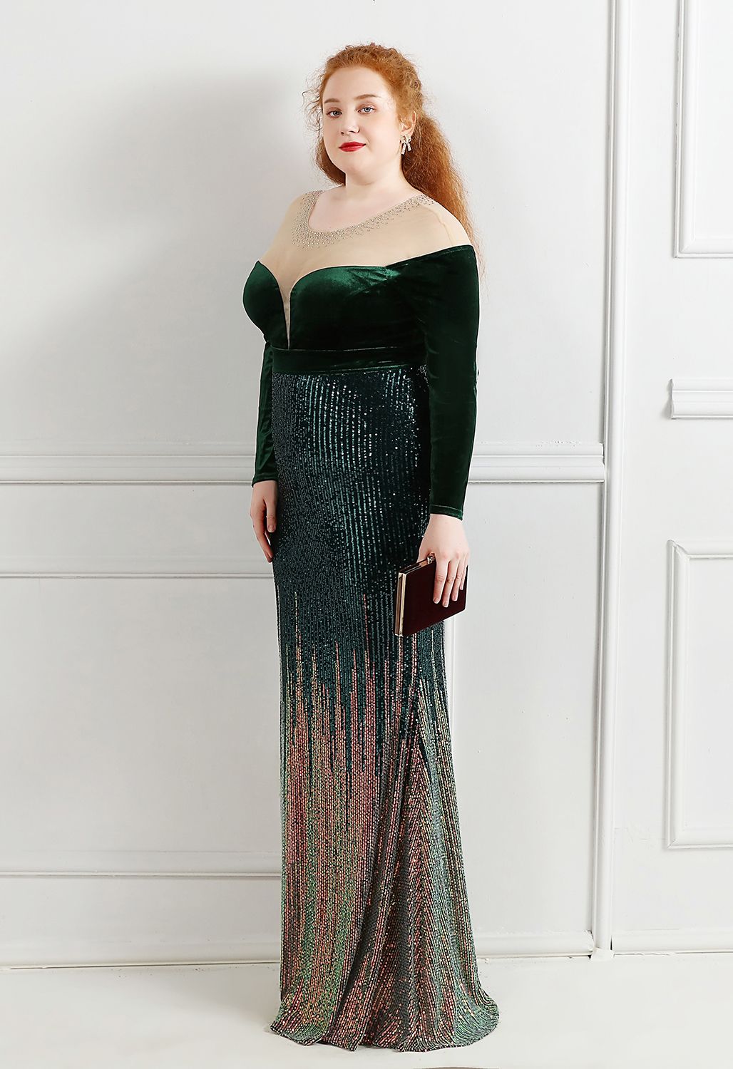 Ombre Sequins Velvet Spliced Gown in Emerald