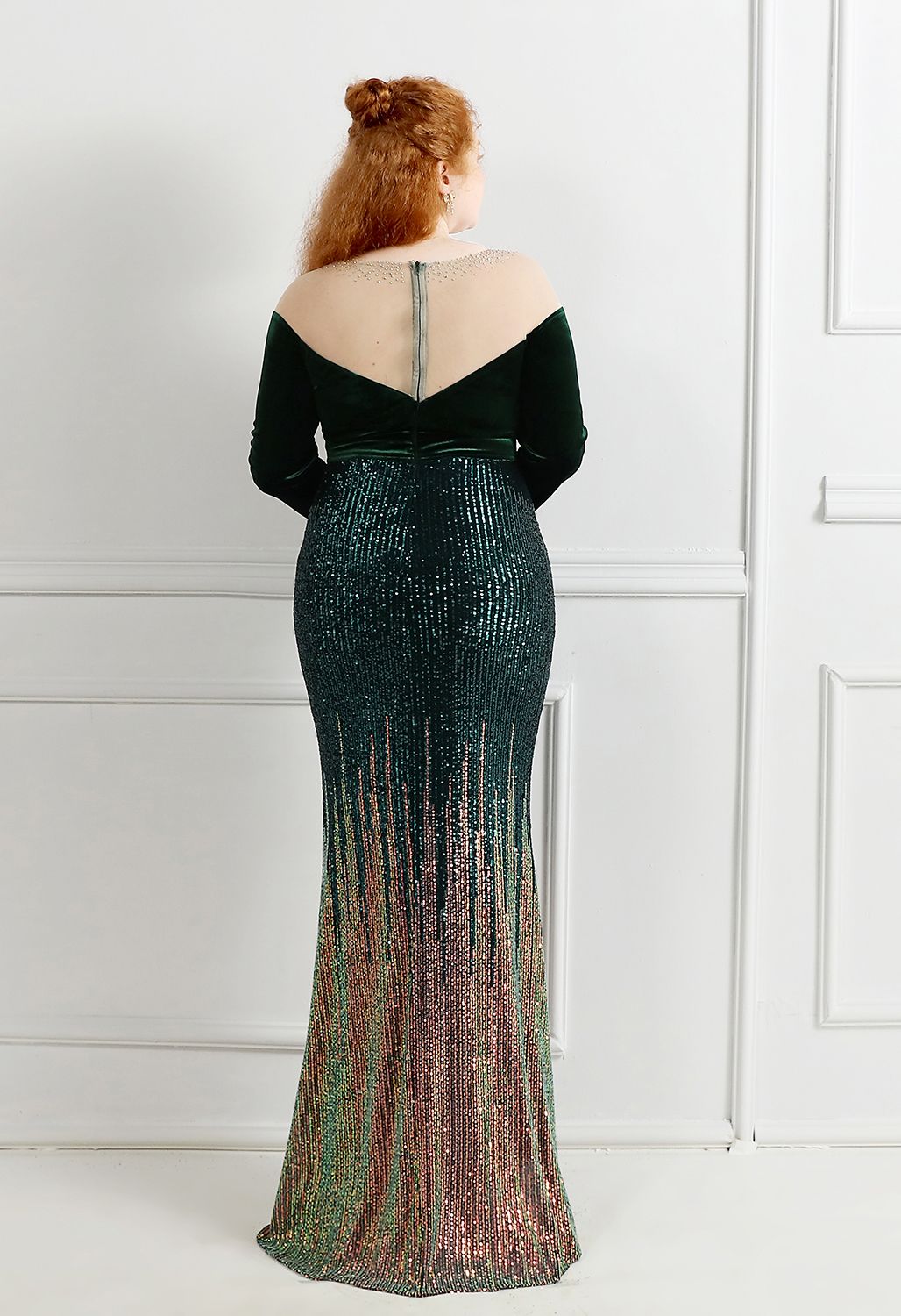 Ombre Sequins Velvet Spliced Gown in Emerald