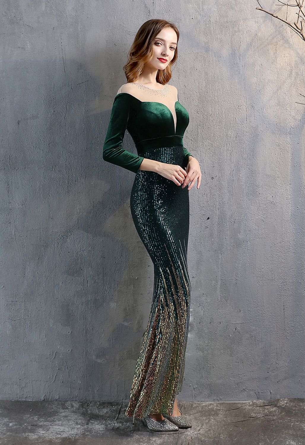 Ombre Sequins Velvet Spliced Gown in Emerald