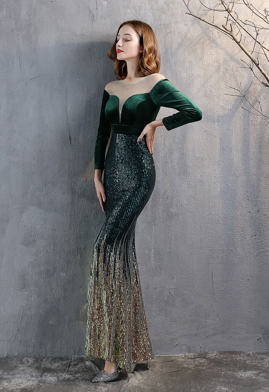 Ombre Sequins Velvet Spliced Gown in Emerald