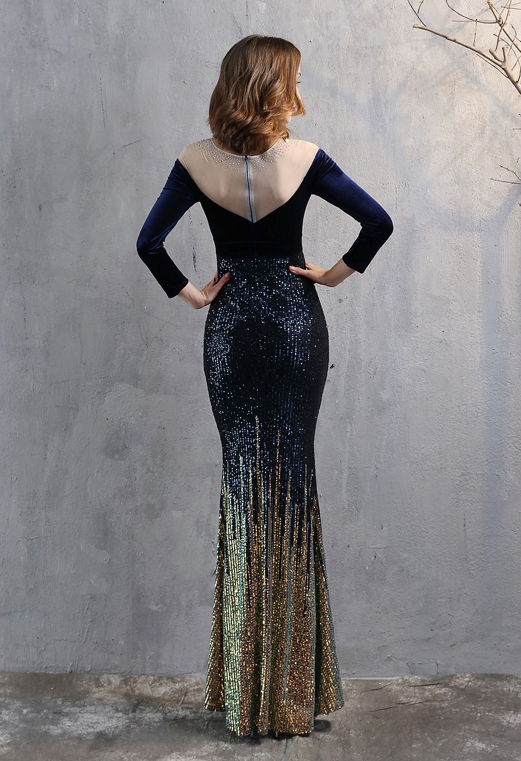 Ombre Sequins Velvet Spliced Gown in Navy