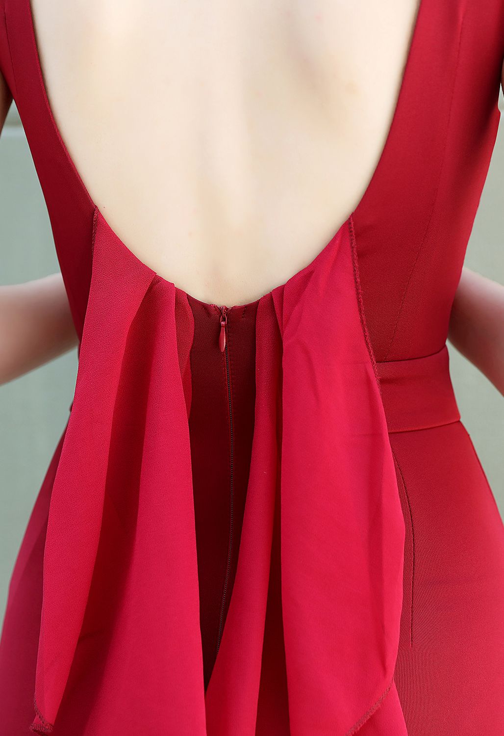 Open Back Cascade Ruffle Sleeveless Gown in Red