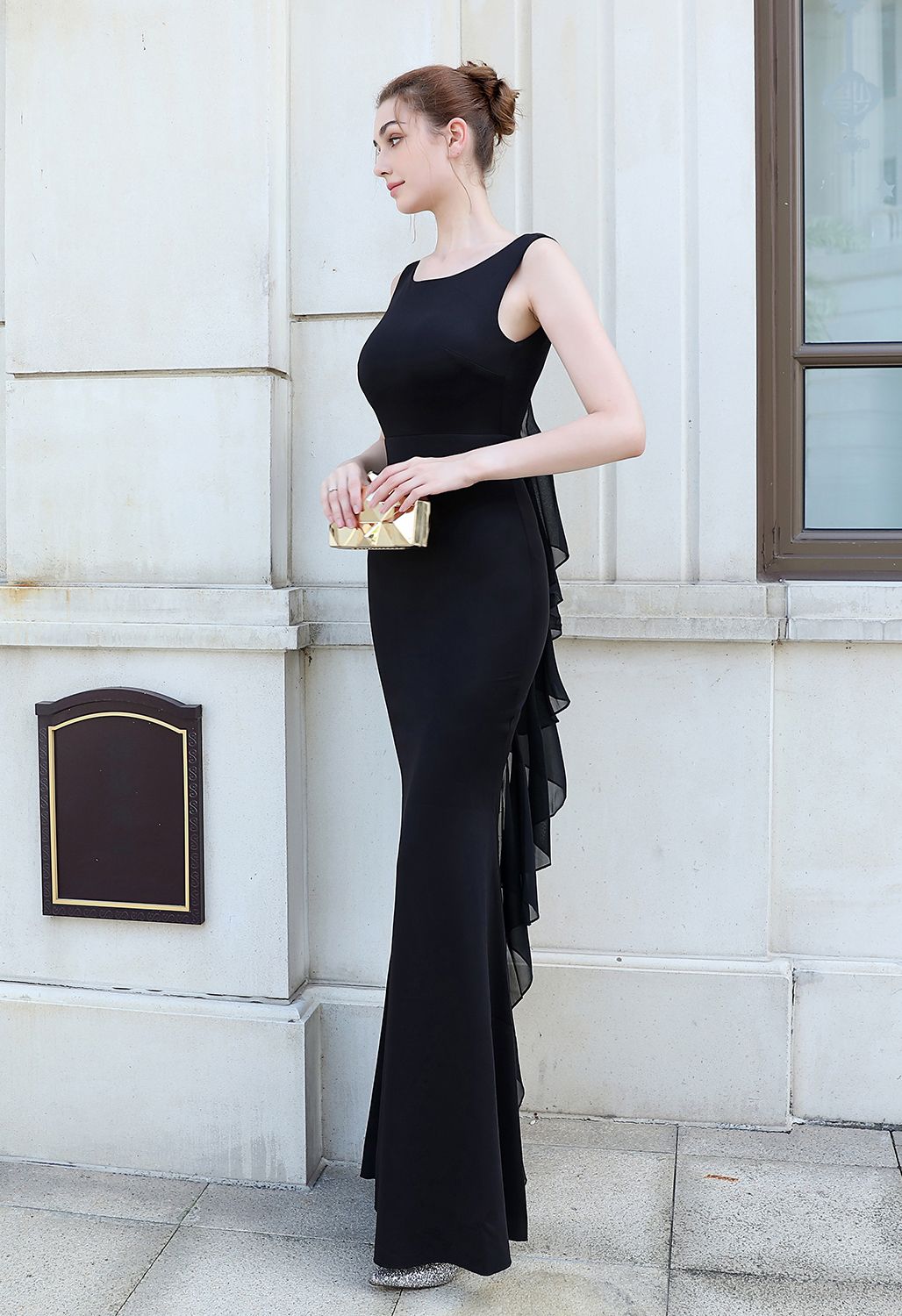 Open Back Cascade Ruffle Sleeveless Gown in Black