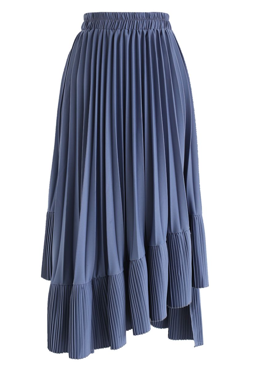 Asymmetric Hem Pleated Midi Skirt in Blue