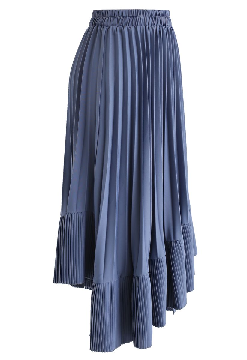 Asymmetric Hem Pleated Midi Skirt in Blue