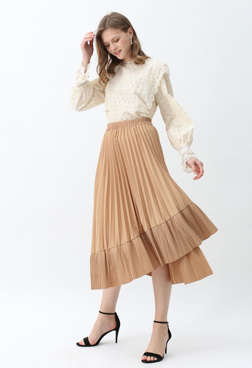 Asymmetric Hem Pleated Midi Skirt in Tan