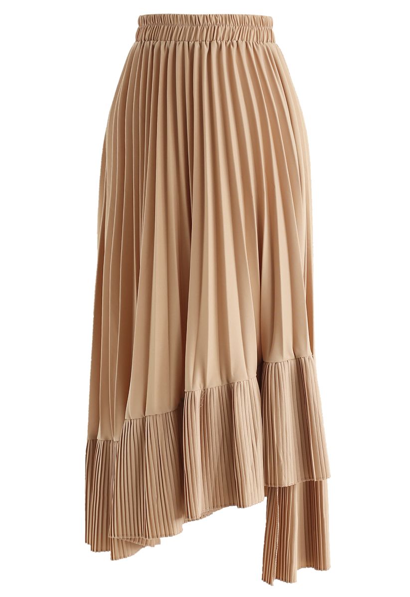 Asymmetric Hem Pleated Midi Skirt in Tan
