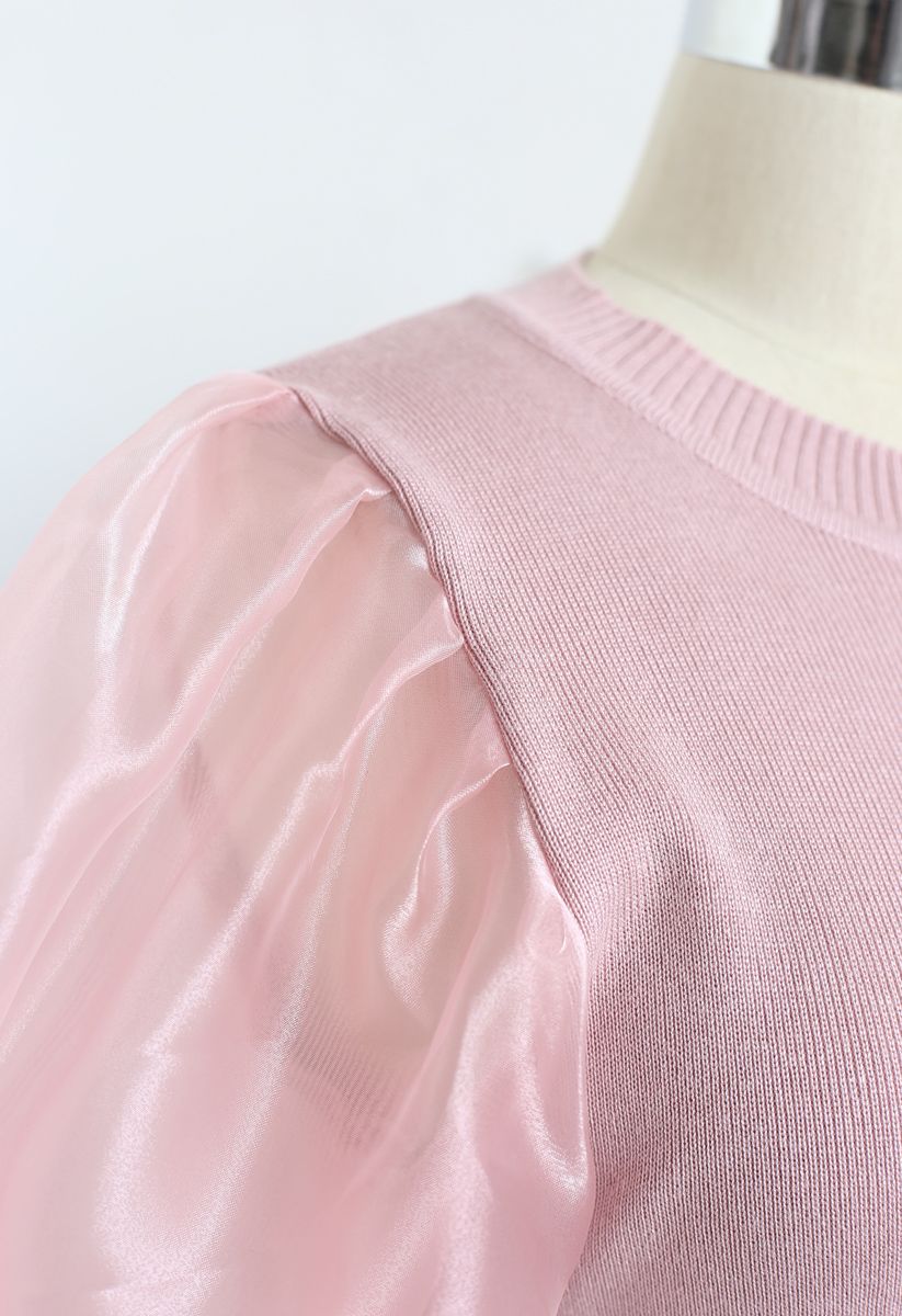 Organza Bubble Sleeves Knit Top in Pink