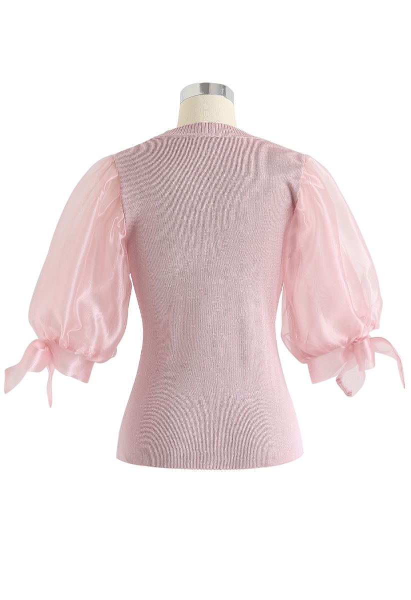 Organza Bubble Sleeves Knit Top in Pink