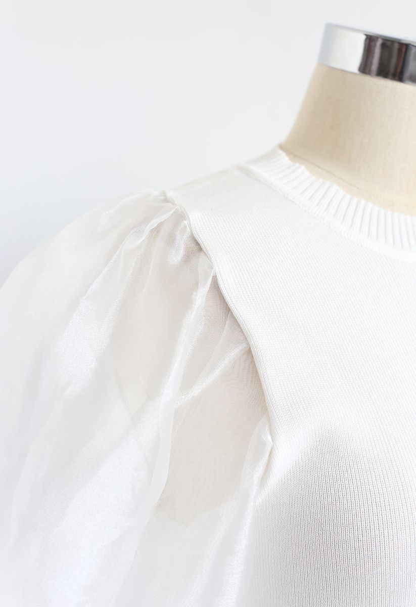Organza Bubble Sleeves Knit Top in White